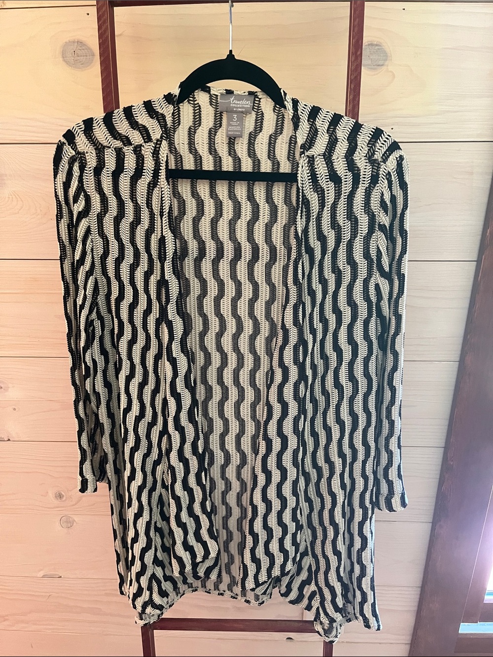 Chico's Traveler’s Collection Black & Cream Wave-Stripe Cardigan